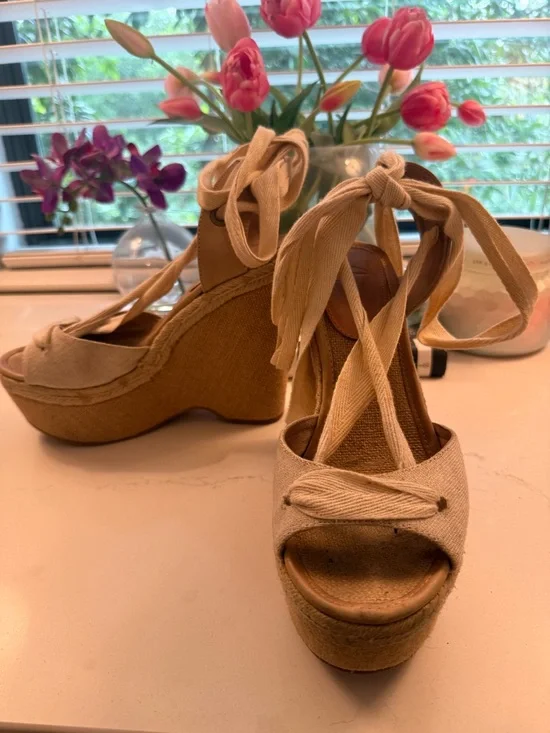 JOIE Women’s Tan Canvas Espadrille Wedge Sandals with Ankle Tie - Picture 2 of 3